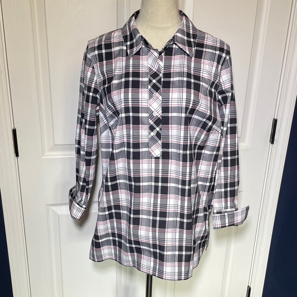 NWOT Talbots White Black Red Plaid Collared Wrinkle Resistant Blouse Sz 14WP